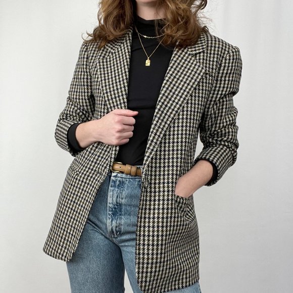Vintage Parisian Oversized Wool Blend Houndstooth Tweed Plaid Blazer Jacket Coat - Picture 11 of 11